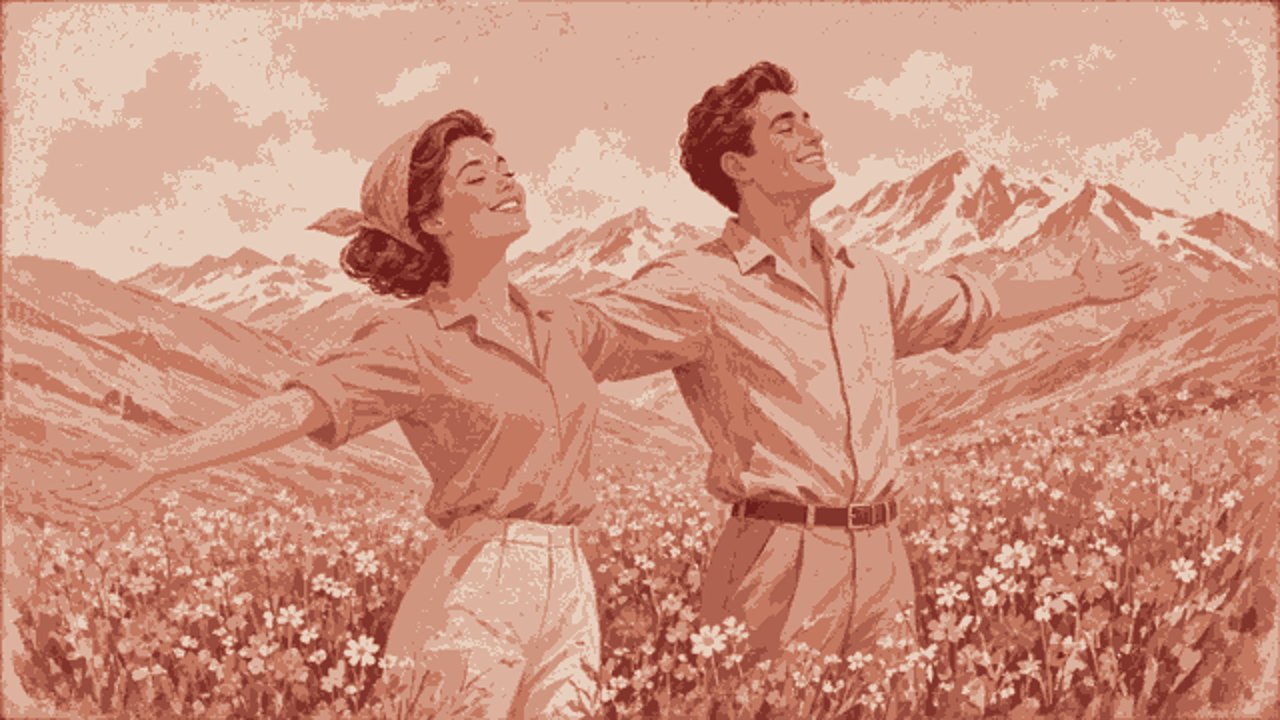 Painted 1960s-style couple breathing mountain air in a meadow