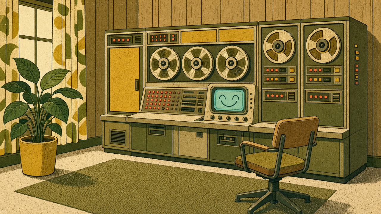 Illustrated 1969 computer room with tape reels, a console and a potted plant