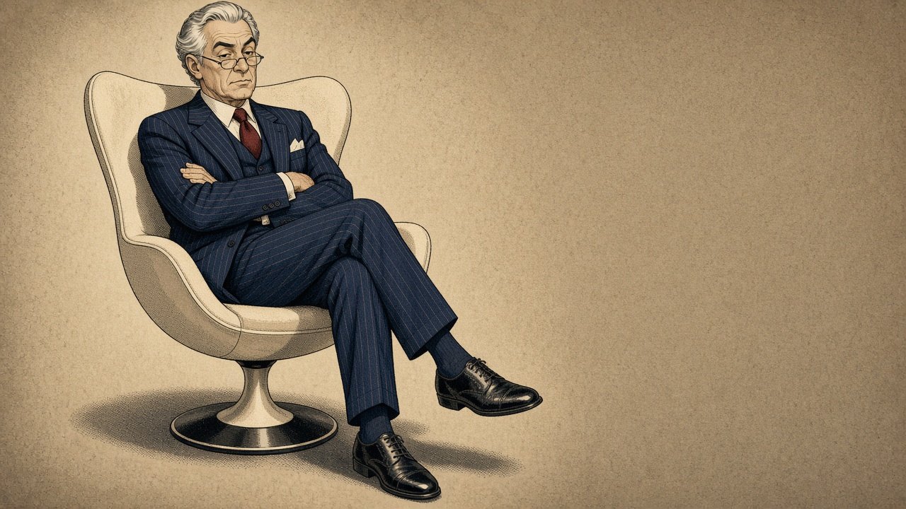 Whit in his egg chair, arms folded
